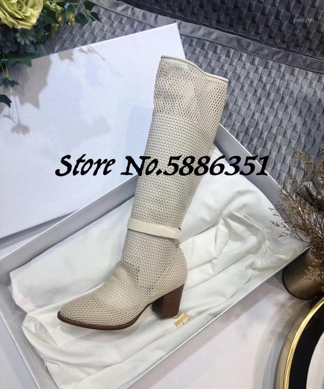 

Mesh Stitching Fabric Boots Women Knee High Booties Round Toe Square Heel Booties Women Buckle Strap Real Leather New1, As picture