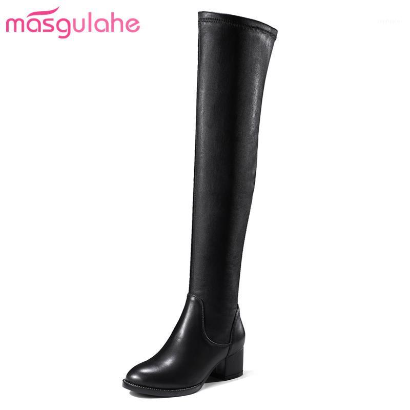 

Masgulahe over the knee boots round toe look slimmer winter boots thick heels zipper genuine leather simple women shoes1, Black