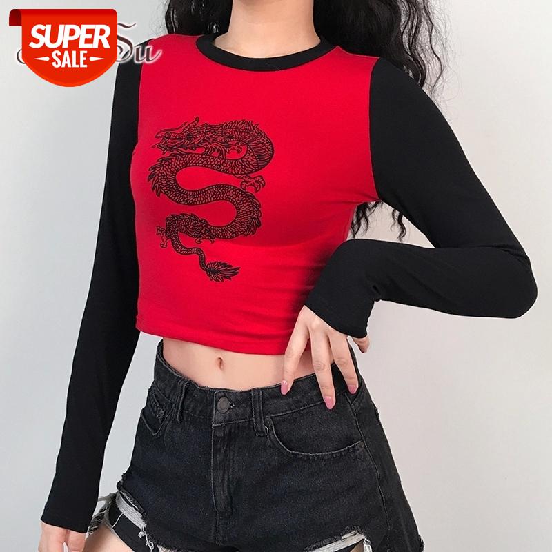 

ArtSu Dragon Print Basic Tshirt Women Harajuku Long Sleeve Tee Shirt Femme Patchwork Casual Crop T Shirt Ladies Autumn ASTS21268 #mB3f, White