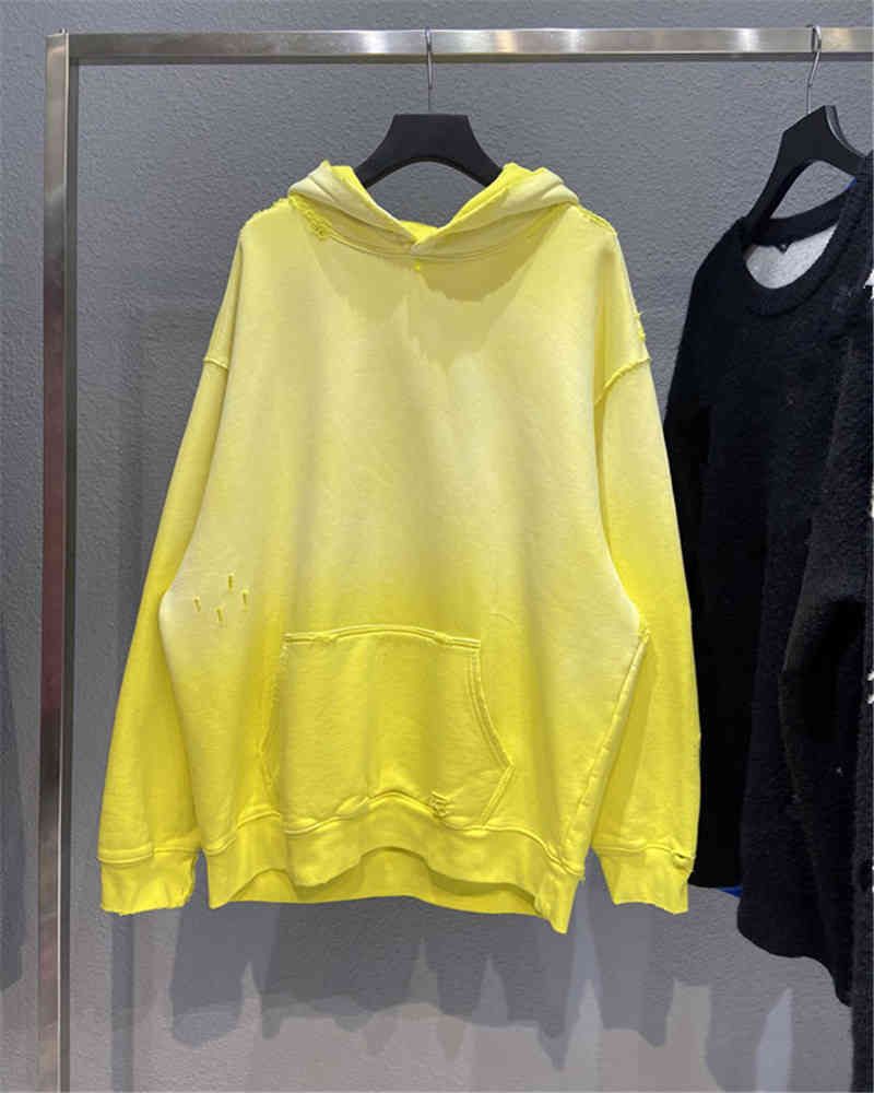 

Men's Hoodies & Sweatshirts Ins 21fw autumn winter gradient yellow Fleece Hoodie OS couple wash water worn out sweater ZYID