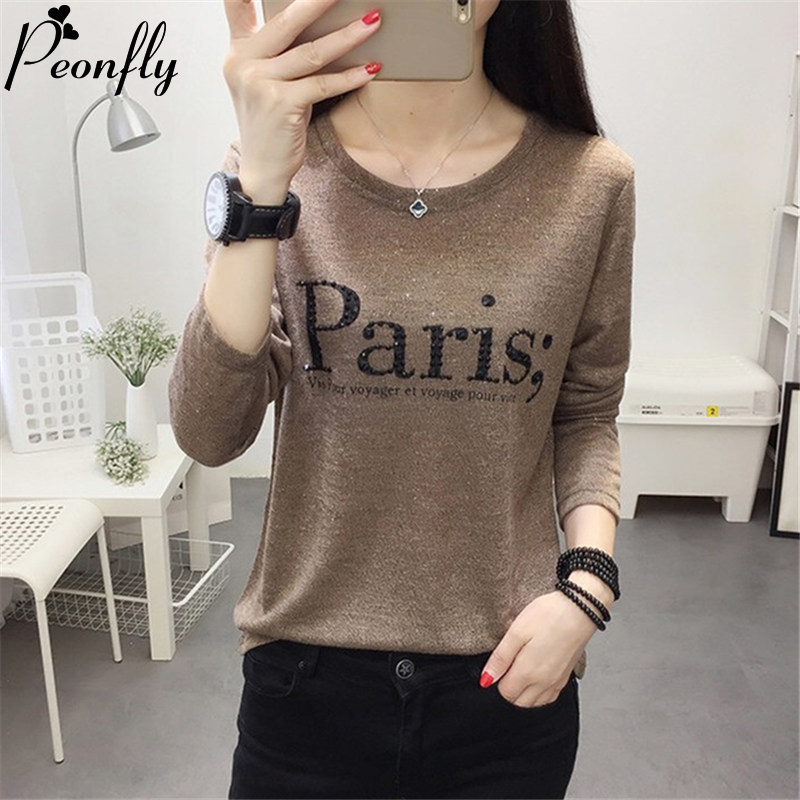 

PEONFLY Fashion Spring Shinny T Shirt Women Paris Letter Printed Casual O Neck Long Sleeve Harajuku Shirts Female Tops 201125, 6024 brick red
