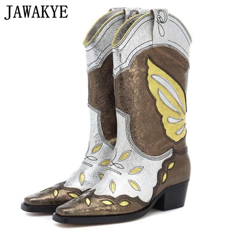 

Fashion Embroider Butterfly Gladiator Knight Boots Women Comfy Casual Square Heel Shoes Woman Western Cowboy Boots Botas Mujer, Black