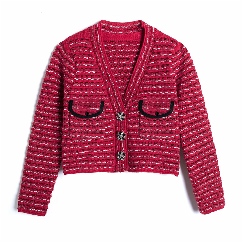 

New Elegant Women Red Striped Sweaters 2021 Fashion Ladies V-neck Knitted Coats Streetwear Female Chic Diamond Button Cardigan Vk64