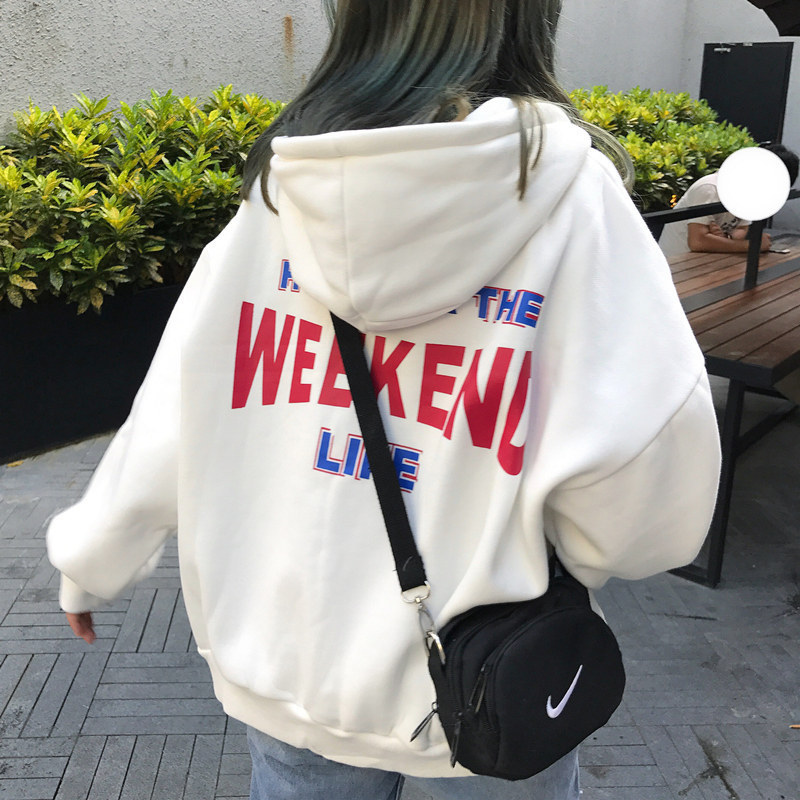 

Februaryfrost Hoodies Women Letter Printed Loose Hooded Trendy Pockets Plus Velvet Sweatshirts Womens Korean Style Harajuku All-match Chic, White
