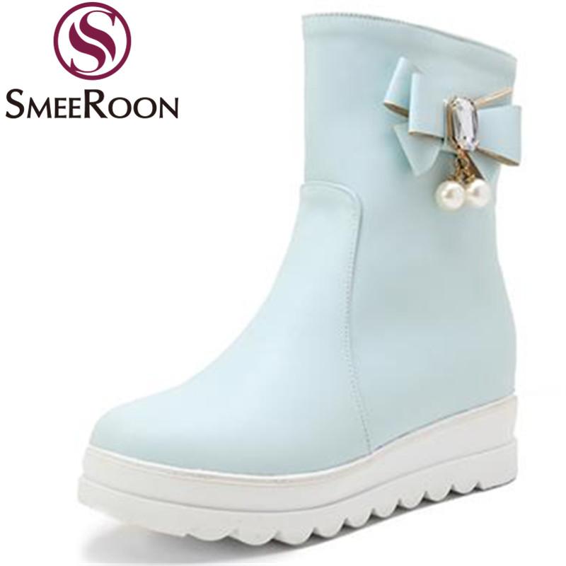 

Smeeroon ankle boots woman butterfly knot princess round toe fashion boots winter delicate women's shoes height increasing, Sky blue