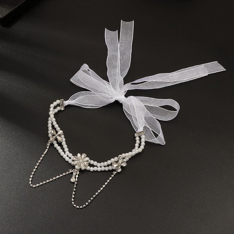 

Baroque Rhinestone Tassel Pearl Flower Choker Necklace Collar White Tulle Bow Choker Clavicle Chain for Women Weeding Jewelry