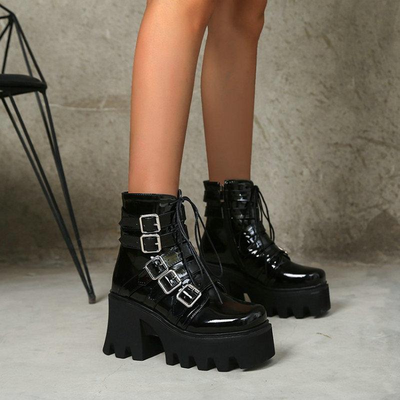 

Sianie Tianie Gothic Patent PU Leather Woman Winter Shoes Anti-skid Chunky High Heels Buckle Strap Platform Ankle Boots Women, Black-matte pu