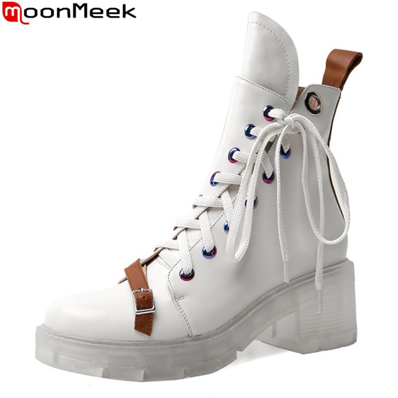 

MoonMeek 2020 New hot sale women boots genuine leather boots square heels round toe ladies shoes fashion ankle, Black