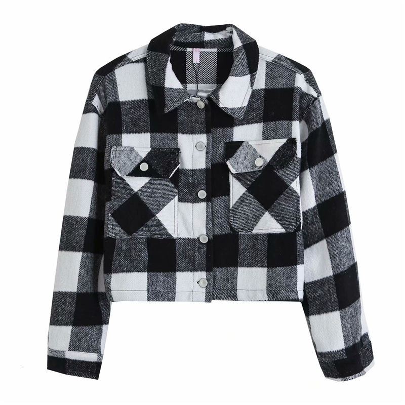 

2021 New Streetwear Women Woolen Plaid Coats Fashion Ladies Pocket Short Jacket Causal Female Chic Turn Down Collar Button Coat Vzky, Dark grey