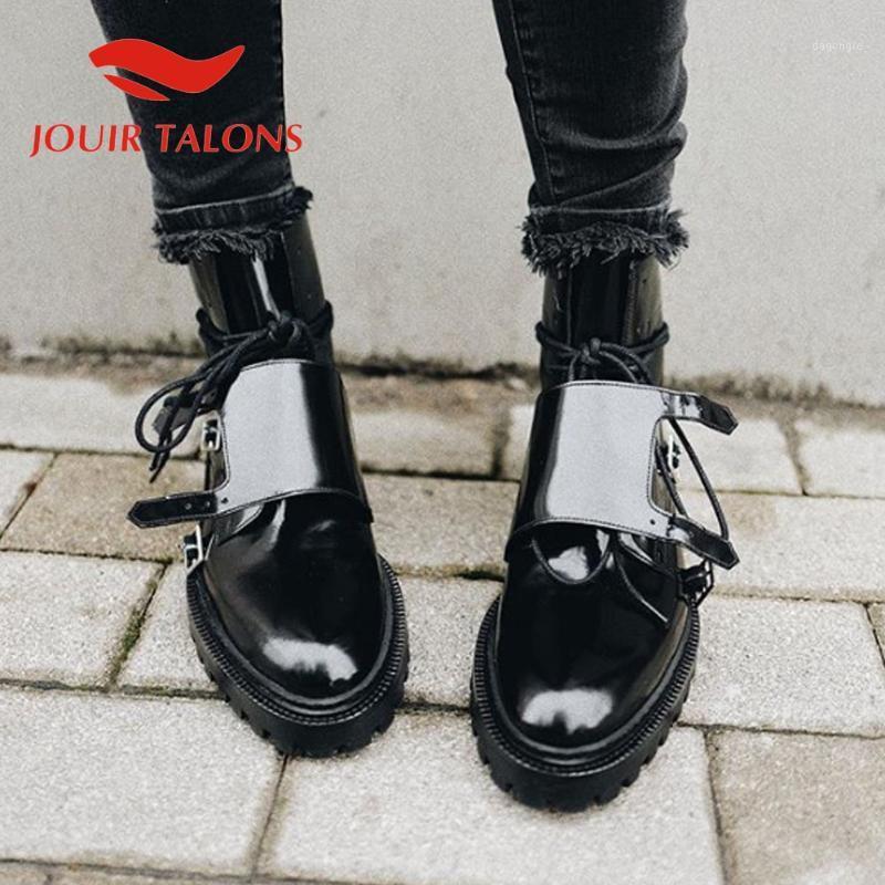 

JOUIR TALONS Big Size 43 women shoes Round Toe Cross-tied Buckle Straps Low Heels Short Plush Ankle Boots1, Black