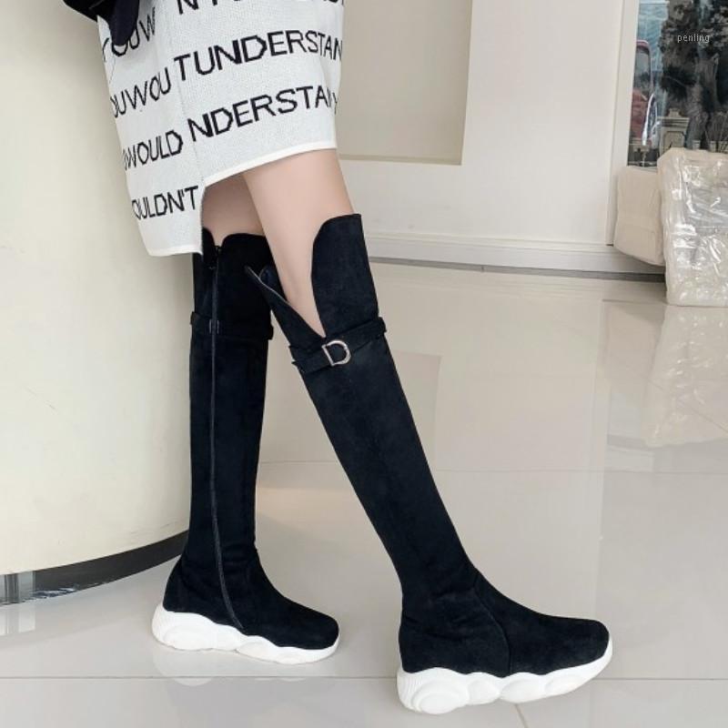 

Fanyuan Newest Flats Platform Women Over The Knee High Boots Synthetic Leather Flock Long Riding Boots Night Club Shoes Woman1, Heise flock