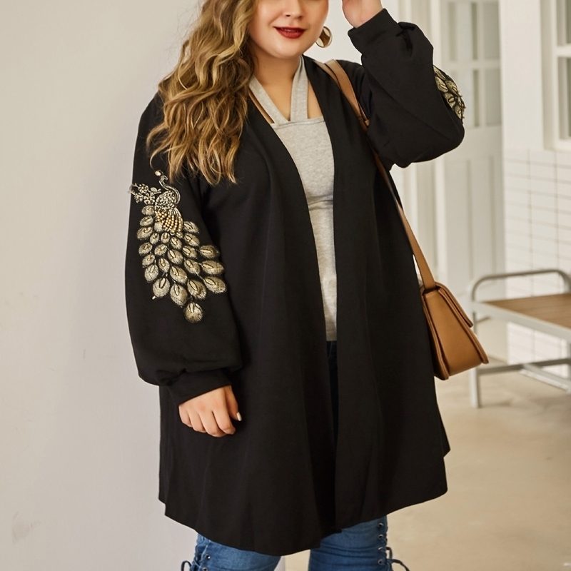 

Autumn large size women's sweater  5XL 6XL 7XL 8XL fashion peacock embroidery knit cardigan Pure color thin coat bust 138CM Y200910, Black