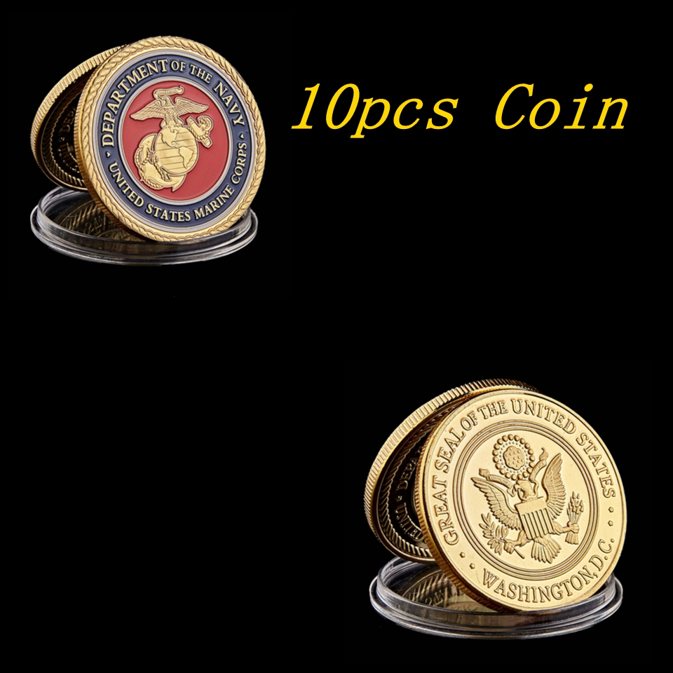 10pcs US Marine Corps Craft Department Of The Navy Gold Plated Colorful Military Metal Challenge Medal USA Coin Collectibles-image-592186791