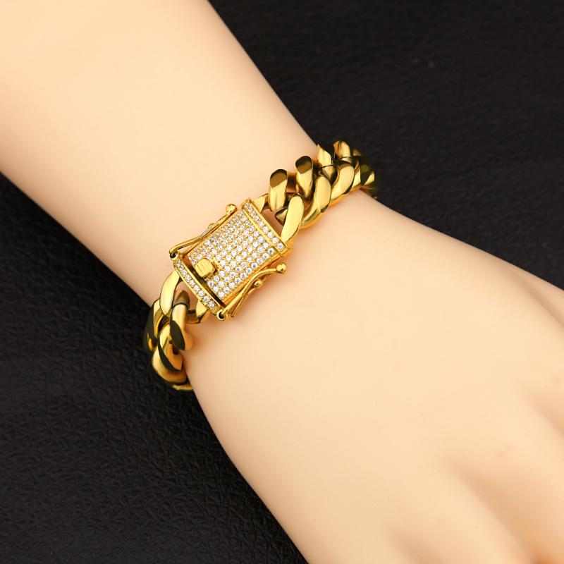 

12mm/14mm CZ Stainless Steel Cuban Link Bracelet Gold silver color Plated Micro Paved CZ Mens Miami Bangle 7inch/8inch