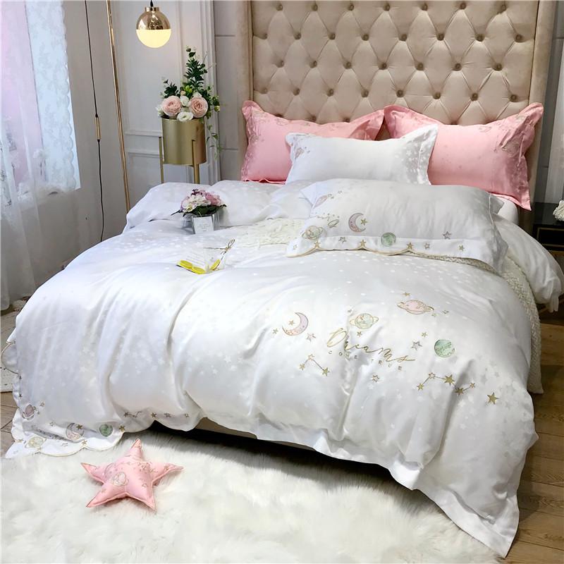 

Luxury Style AB Side Satin Jacquard Pure Cotton 4pcs Duvet Cover Bed Sheet Pillowcases White Pink Bean Paste Blue Queen King