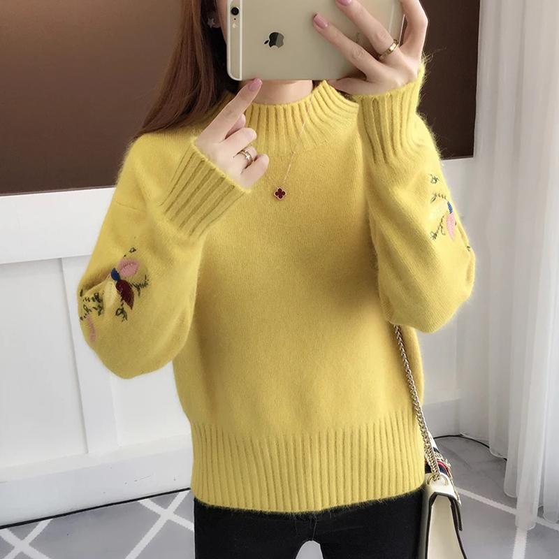 

Korean Style Women Knitted Sweater Floral Embroidery Thick Sweater Pullovers Autumn Winter Long Sleeve Turtleneck Sweaters 2020, Light khaki