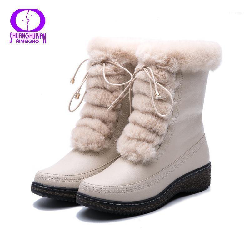 

AIMEIGAO Winter Warm Faux Fur Snow Boots Women 2020 Casual Long Plush Thick Mid-Calf Boots Female Platform Wedges PU Shoes Woman1, White