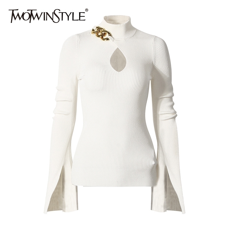 

TWOTWINSTYLE Patchwork Chain Knitted Pullovers For Women Turtleneck Flared Collar Hollow Out Slim Sweater Female Fall New 201111, White