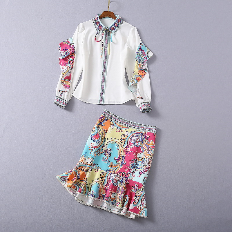 

European and American women's wear 2020 winter new style Long sleeve lapel Ruffled shirt Printed fishtail skirt Fashion suit, White