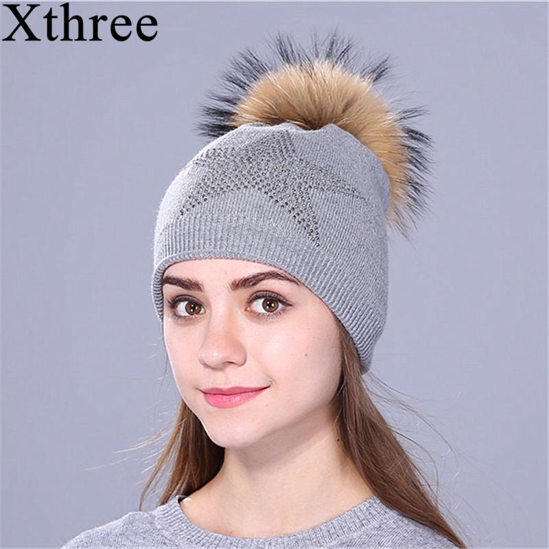 

Xthree winter Five-pointed star beanies Knitted Hat for women and girls real raccoon fur pom pom hat wool skullies Female cap, White