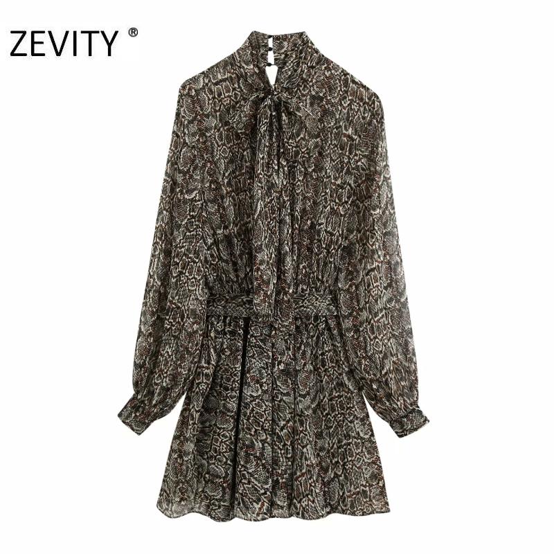 

ZEVITY women vintage snake skin print sashes chiffon mini dress chic ladies long sleeve bow collar vestido casual dresses DS4446, As pic ds4446bb