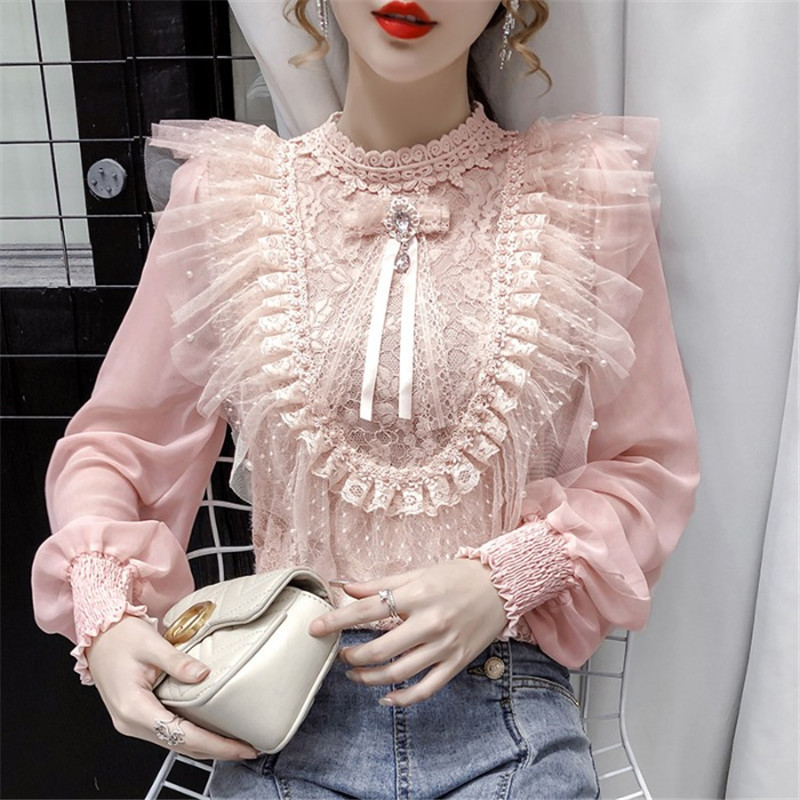 

2021 Fairy Knitted Lace Ladies'shirt Sweet Lolita Pink Tops Spring Summer New Elegant Ladies Frizzy Chiffon Blouse ZPFG, White