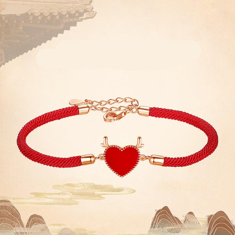 

Original s925 sterling silver love antlers hand rope temperature-sensitive court fawn bracelet national tide simple heart-shaped