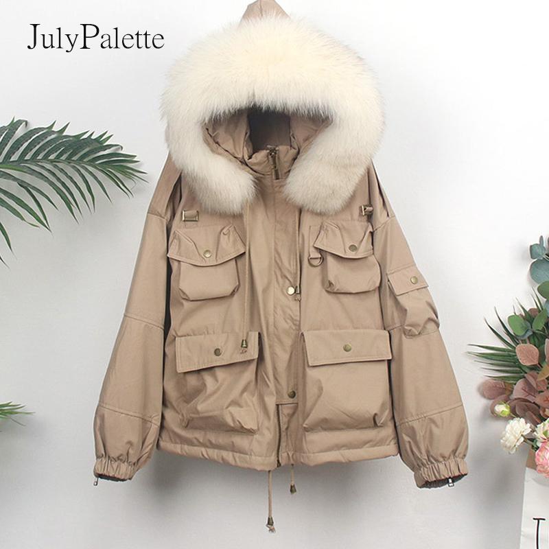 

JulyPalette 2020 Winter Down Jacket Women Big Fur Collar Hooded Short Coats Thicken Female Warm Real Fur Parka Outerwear, Blue blue