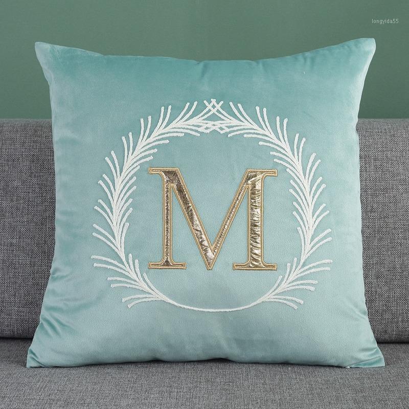 

45x45cm Nordic Simple Color Dutch Velvet Letters M Embroidered Sofa Cushion Cover Home Hotel Villa Cafe Pillowcase1, Black