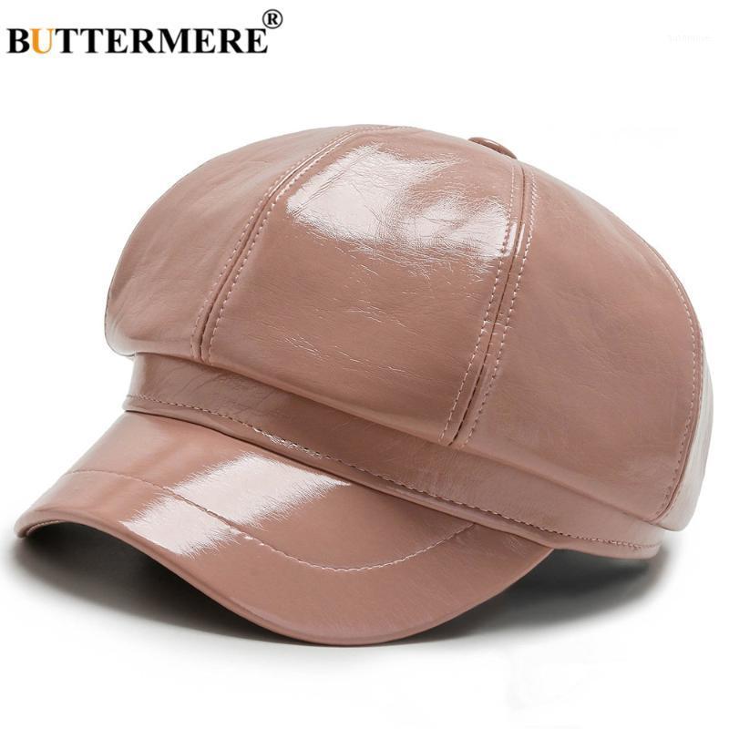 

BUTTERMERE Pink Octagonal Hat Women Vintage Pu Leather Autumn Winter Hats for Women Solid Ladies Beret Female Newsboy Cap1, Black