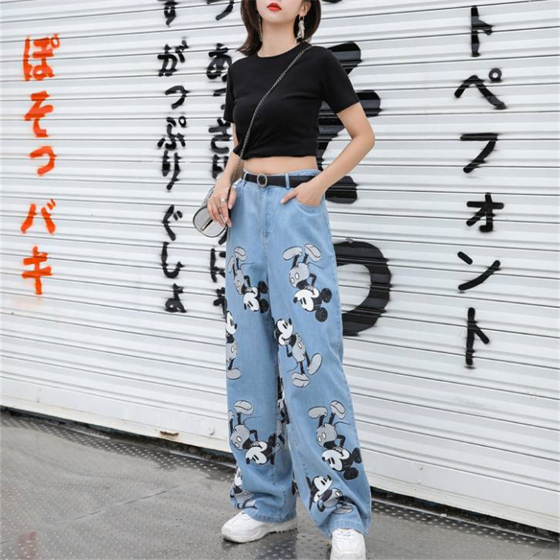 

Cartoon Print Vintage Loose Boyfriend Jeans With High Waist Wide Leg Jeans For Women Female Mom Long Baggy Straight Denim Jeans 201109, Short light blue