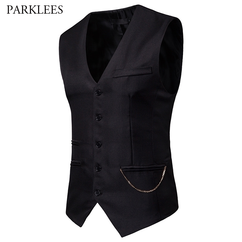 

Mens Gentleman Formal Slim Fit Single Breasted Black Dress Suit Vests Fashion Chain Decoration Men Vest Waistcoat Gilet 2XL 201123, Wine red