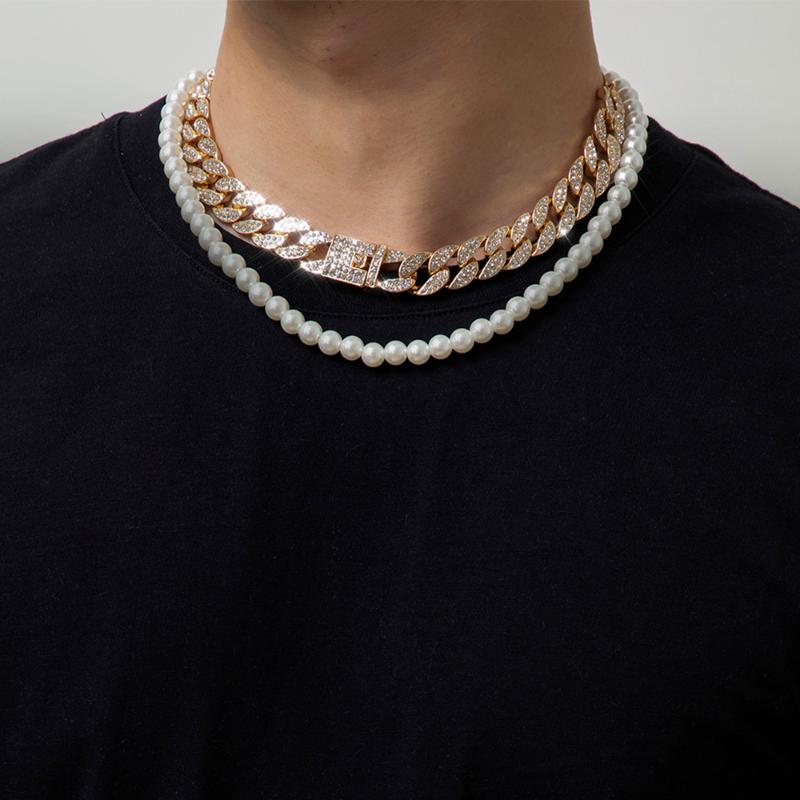 

Chokers Lacteo 2 Pcs/Set Bohemian Pearls Chain Choker Necklace Punk Hip Hop Shiny Rhinestone Adjustable Slide Cuban