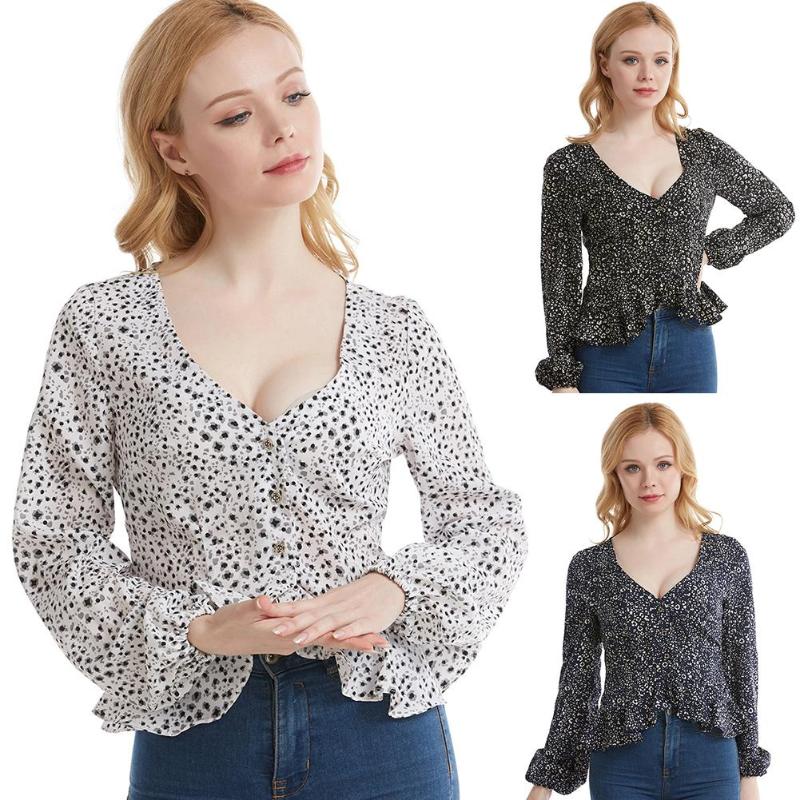 

Women's Blouses & Shirts Fashion Clothing Plus Size 3XL Women Sexy V Neck Dot Print Ruffle Cardigan Long Sleeve Shirt Ladies Blouse Streetwe, White