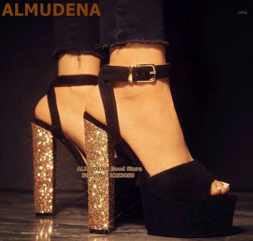 

ALMUDENA Gold Silver Sequined Chunky Heels Black Suede Patchwork Platform Sandals Bukle Strap Bling Bling Wedding Shoes Size471, Customized color