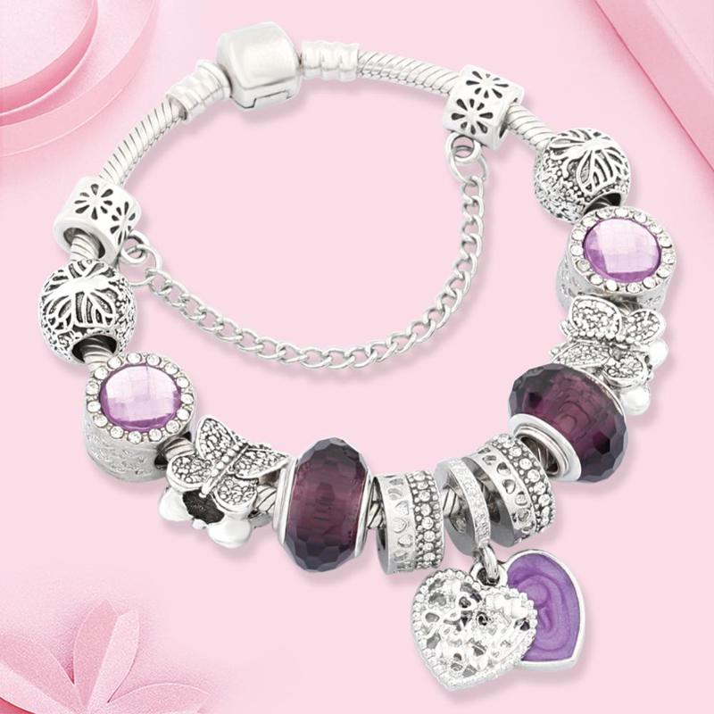 

Charm Bracelets Leabyl Classic Purple Enamel Heart Pendant Bead Silver Color Butterfly Bracelet Crystal DIY Jewelry Gift