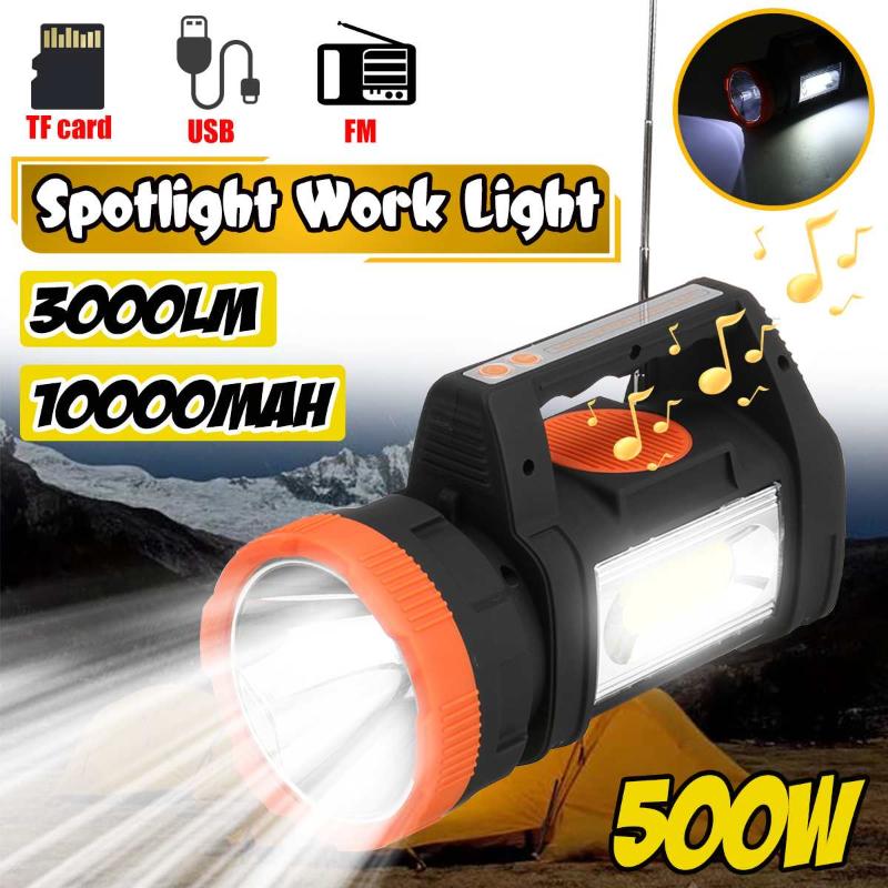 

3000LM Spotlight LED Waterproof Rechargeable Searchlight Handheld Work Light 500W Super Bright With FM Radio Speaker