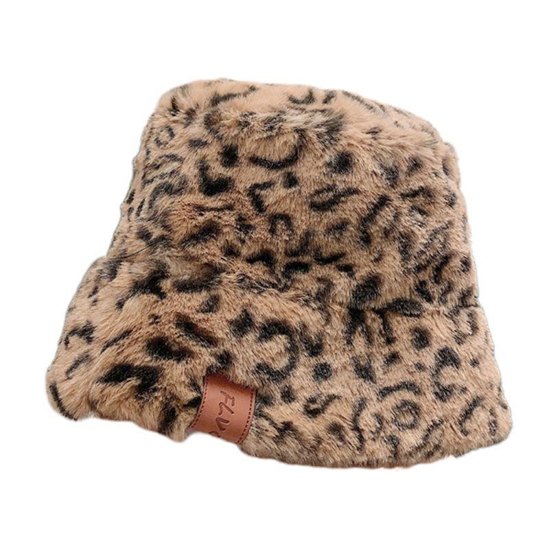 

Women Girls Winter Thicken Fluffy Plush Bucket Hat Vintage Leopard Printed Harajuku Street Packable Warm Fisherman Cap