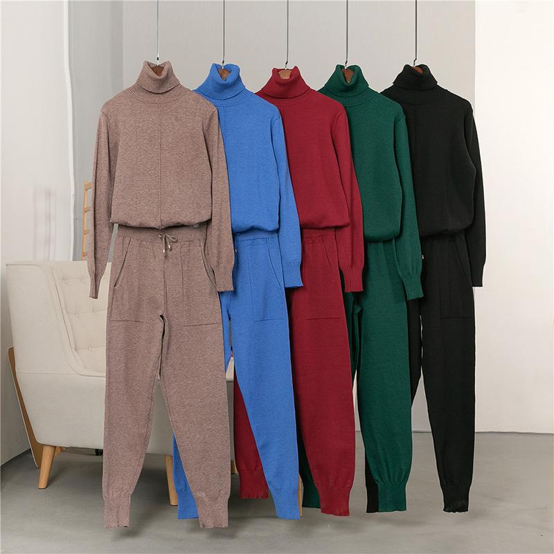 

2020 Autumn Women's Woolen Knitted 2 Pieces Suit High Collar Sweater with Pants Loose Stylish Set Woman Knitted Tracksuit, Purple