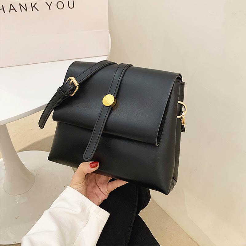 

2021 Vintage Women Bags Solid Color Bucket Bag PU Leather Adjustable Shoulder Strap Crossbody Pouch Fashion Female Handbag, Black shoulder bag
