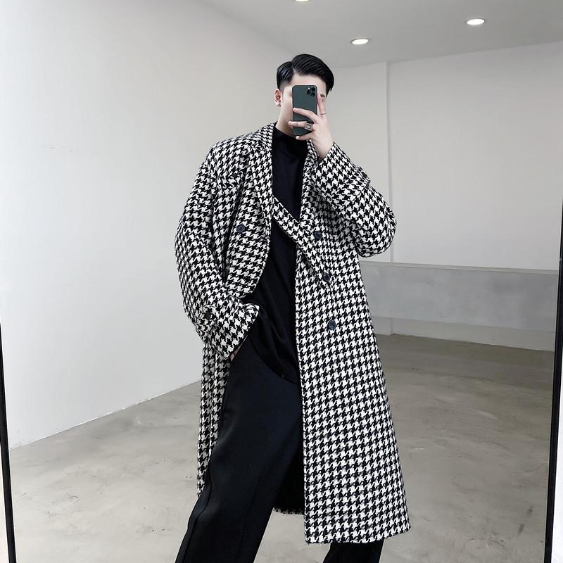 

Autumn Winter Male Casual Overcoat Jacket Men Vintage Houndstooth Double Breasted Loose Plaid Woolen Long Trench Coat Outerwear, H35 black white