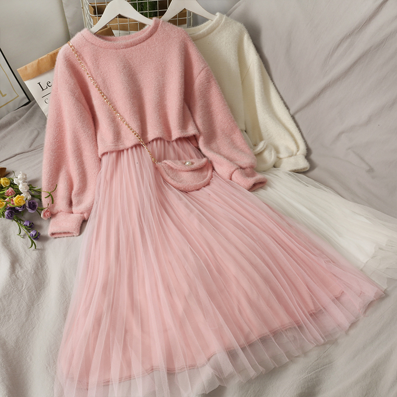 

2021 New Autumn Female Neck Shirts Dress Sweet Mesh Sweater Set Two Suit Parts JX25, Pink