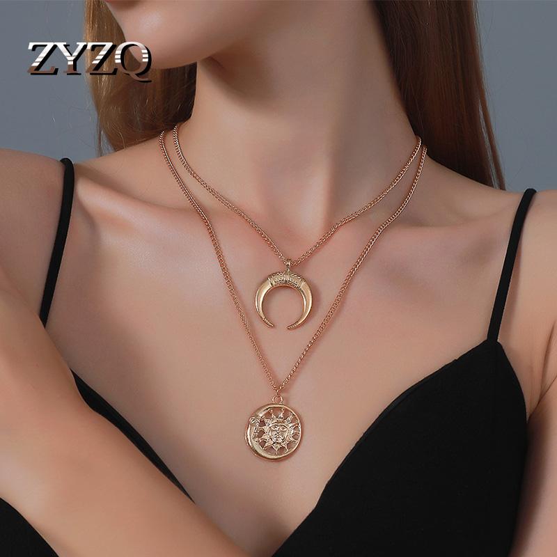 

ZYZQ Harajuku Style Vintage Women Necklace Personality Sun Moon Double Metal Pendant Necklace Daily Wear High Quality Jewelry