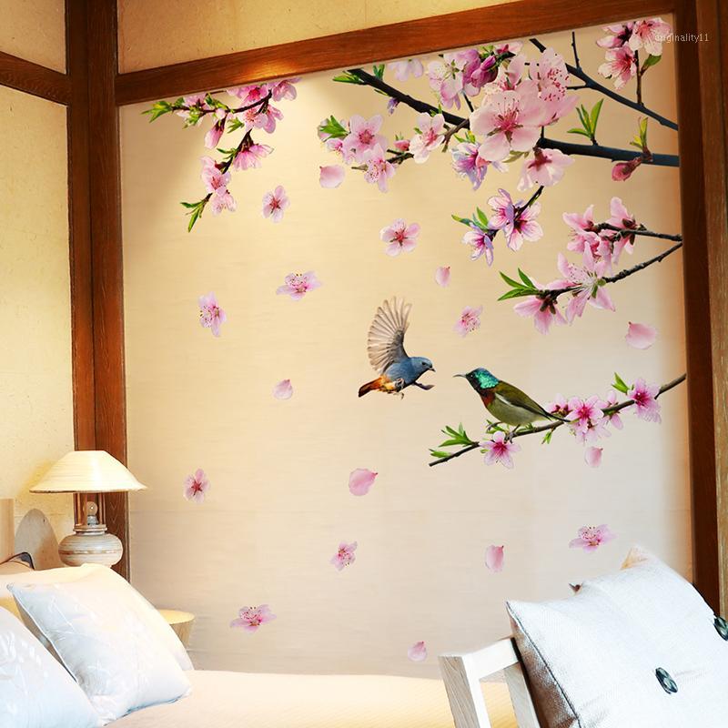 

SHIJUEHEZI] Tree Branch Flower Birds Wall Stickers DIY Peach Blossom Wall Decals for House Living Room Bedroom Decoration1
