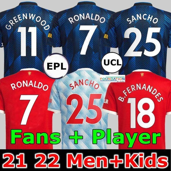 

2021-22 SANCHO Manchester home Mens soccer jerseys UTD Fans Player TOP UNITED BRUNO FERNANDES RONALDO R.VARANE POGBA RASHFORD football shirt 21 22 men+ kids kit, 21 22 away jersey