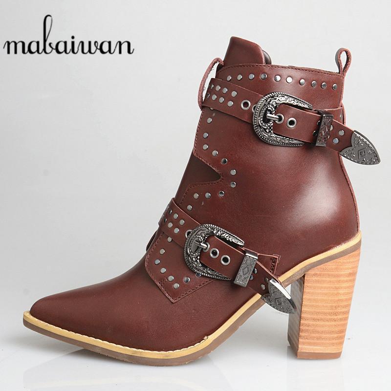 

Mabaiwan Women Thick High Heel Ankle Boots Genuine Leather Rivet Buckle Shoes Woman Zipper Equestrian Pointed Toe Boots1, White