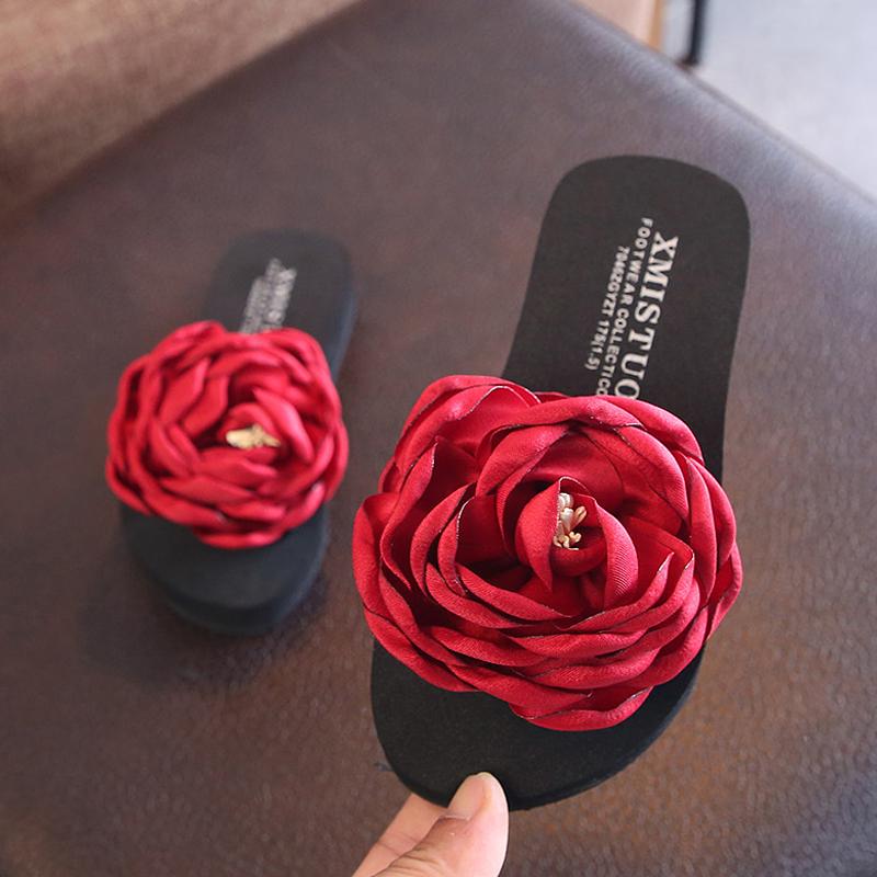 

New Girls Slippers Sweet Flowers Beach Shoes Super Light Childrens Cool Slippers Open Toe Parent Child Shoes Kids 24-42, Black