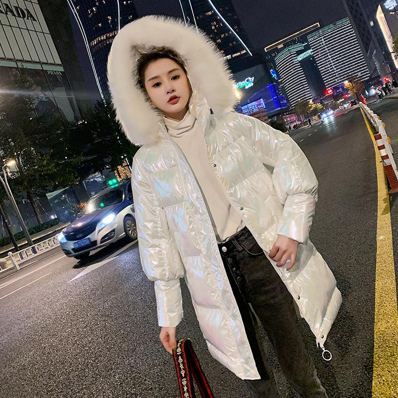

Women Warm Thicken With Fur Collar New Long Glossy Hooded Parka Jacket White Long Winter Coats Parka