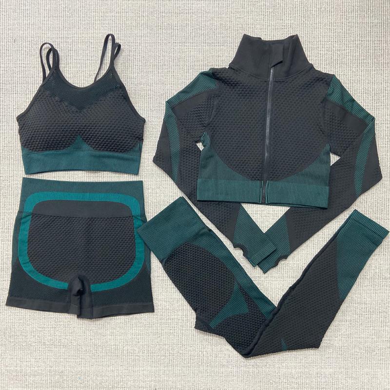 

Seamless Yoga Set 4pcs set gym clothing Sportswear High Waist Shorts+bra+coat+pants Workout Clothes Fitness yoga suit for women1, Blue shorts 2pcs