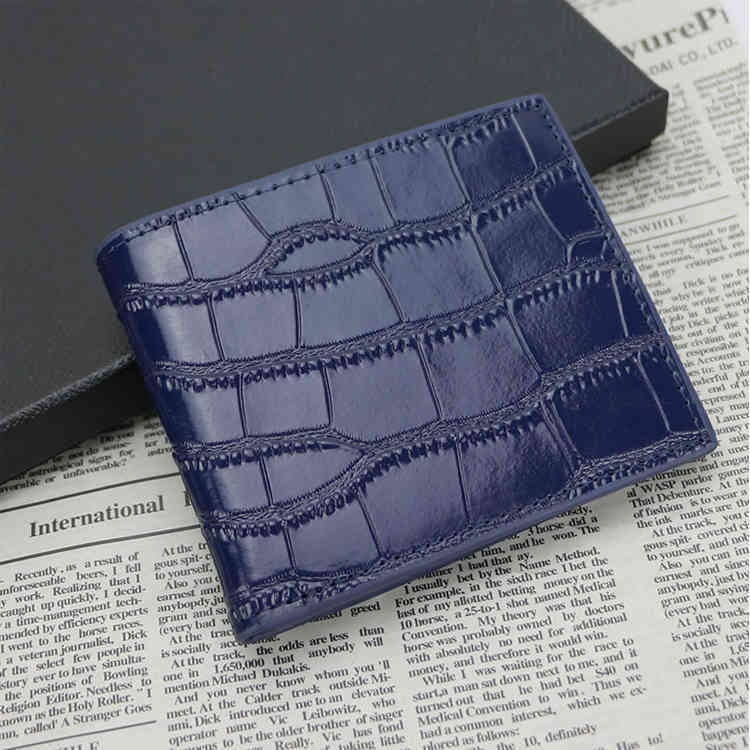 

Classic bifold wallet blue color crocodile embossed leather wallet for men